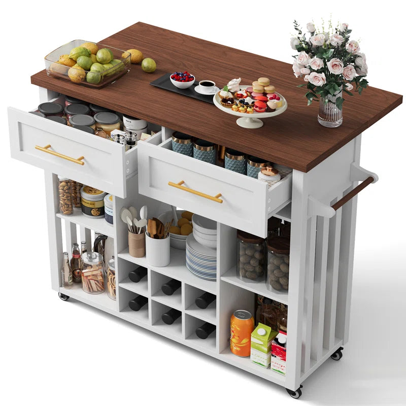 Kitchen Island Table: 39.4" Modern Rolling Island with Drop Leaf, Wine Rack & Storage