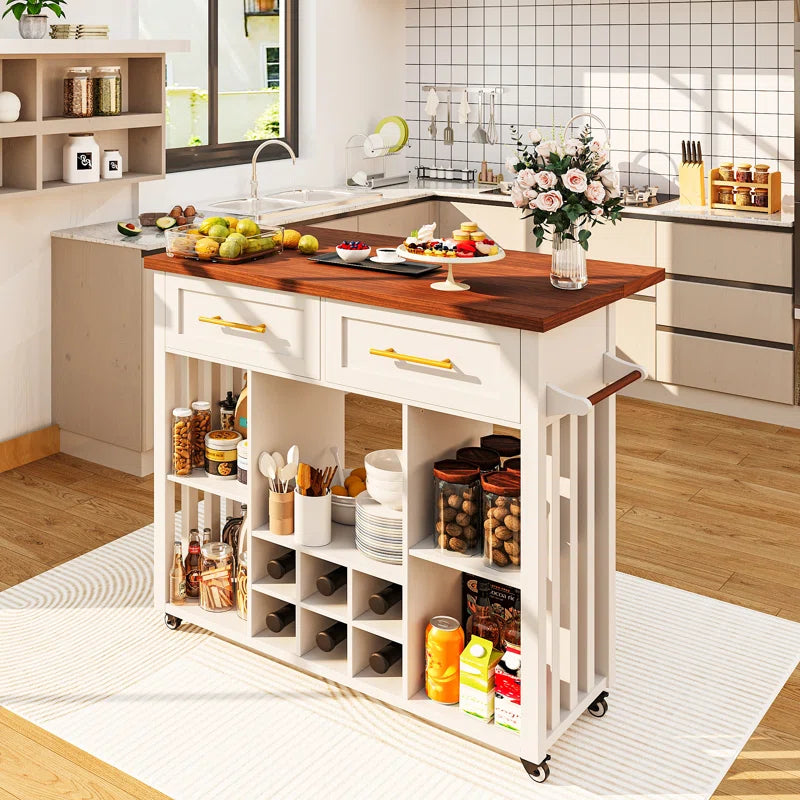 Kitchen Island Table: 39.4" Modern Rolling Island with Drop Leaf, Wine Rack & Storage