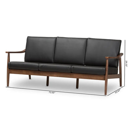 3 Seater Sofa: Mid-Century Modern Walnut Wood Black Faux Leather 3-Seater Sofa