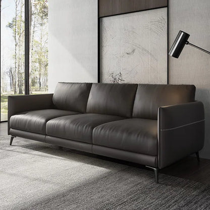 3 Seater Sofa: Genuine Leather Black Sofa, 3-Seat Square Arms Sofa Couch For Livng Room Bedroom