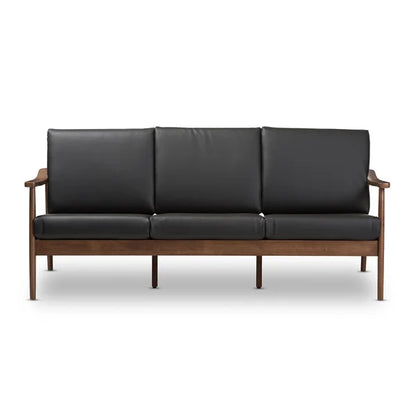 3 Seater Sofa: Mid-Century Modern Walnut Wood Black Faux Leather 3-Seater Sofa