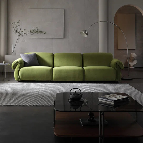3 Seater Sofa: Modern Style Green Velvet Fabric Comfortable 3-Seat Living Room Sofa