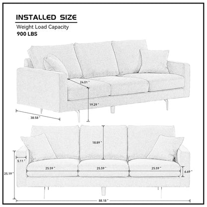 3 Seater Sofa: Modern Three Seat Sofa Couch With 2 Pillows