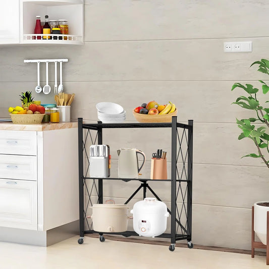 Kitchen Rack: 3 Tier Foldable Storage Shelf with Wheels for Kitchen Bakers Rack