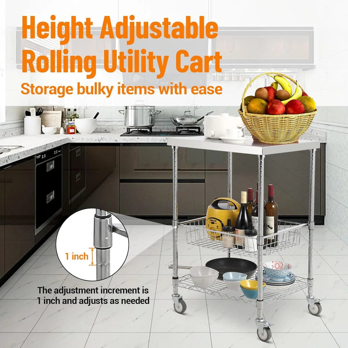 Kitchen Rack: 3 Tiers Rolling Wire Kitchen Utility Cart