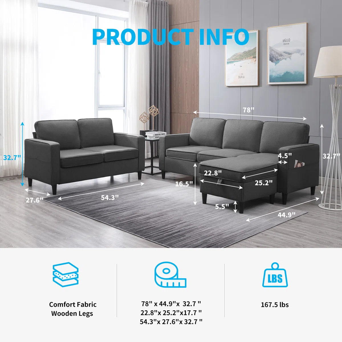 Luxury Sofa Sets: 3-Piece Cotton Blend Sofa, Loveseat & Storage Ottoman
