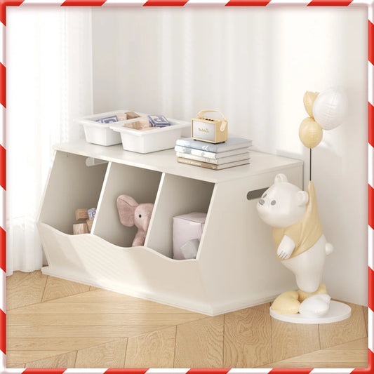Kids Toy Storage Unit: 3-Compartment Stackable Organiser Cabinet with Side Handles