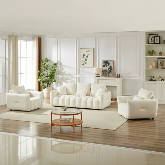 7 Seater Sofa Set: Modern Fabric Combo with Wooden Frame & Cushions