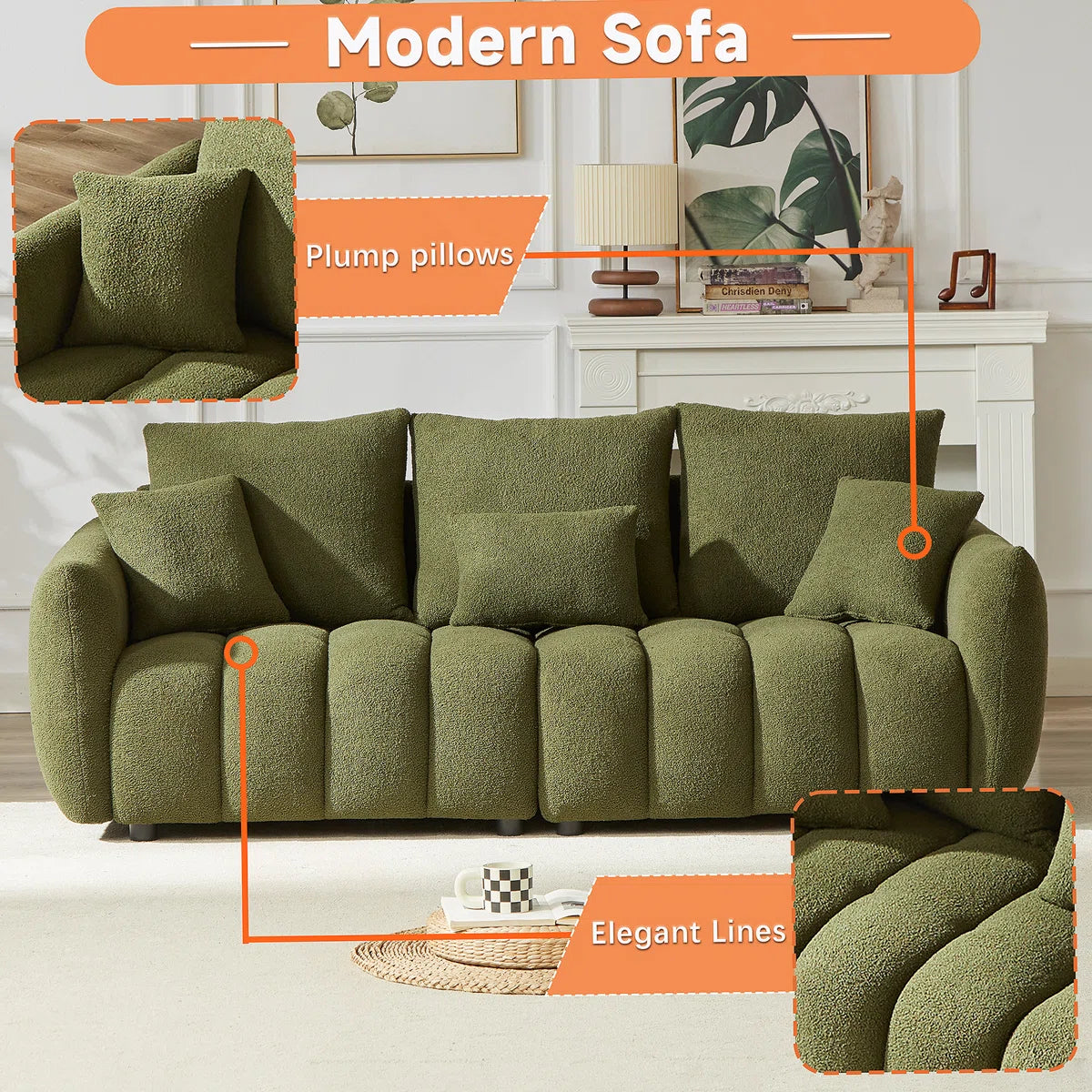 7 Seater Sofa Set:  Modern 3+3 Seater Teddy Fabric Living Room Sofa