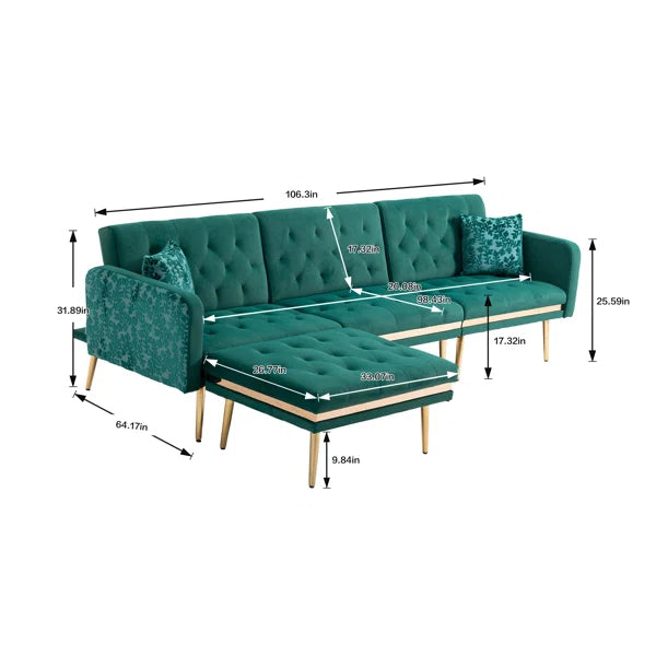 3 seater Sofa: Darlee Convertible 3-seater Velvet Upholstered Sofa Bed, With Assembleable Chaise Longue