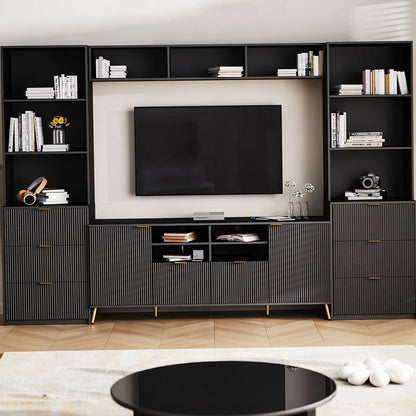 tv panel: Multi-Storage 4-Piece Media Center with Shelves, Cabinets, and Drawer Storage Compartments