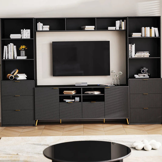 tv panel: Multi-Storage 4-Piece Media Center with Shelves, Cabinets, and Drawer Storage Compartments