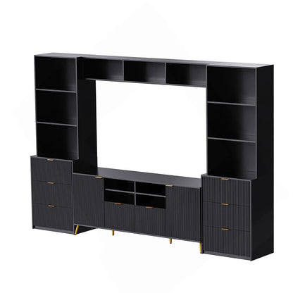 tv panel: Multi-Storage 4-Piece Media Center with Shelves, Cabinets, and Drawer Storage Compartments