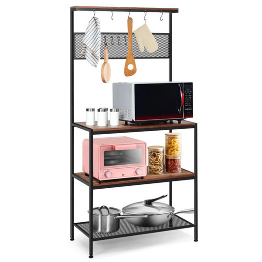 Kitchen Rack: 4-Tier Kitchen Rack Stand with Mesh Panel and Hooks