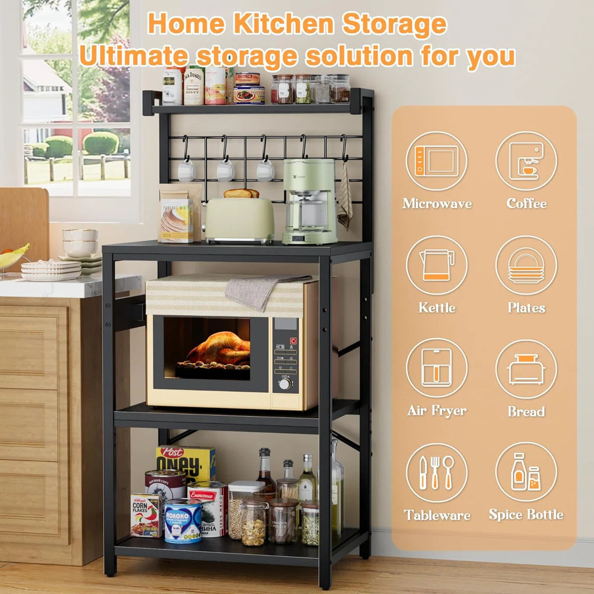 Kitchen Rack: 4-Tier Microwave Stand Heavy Duty Kitchen Baker’s Rack with Power Outlet
