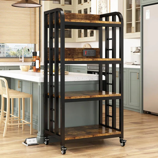 Kitchen Racks: 4-Tier kitchen baker's rack including rolling wheels and a power outlet