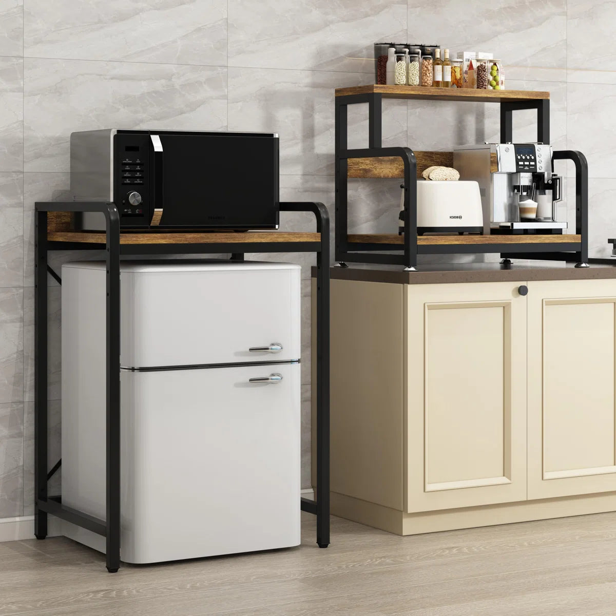 Kitchen Racks: 4-tier rustic brown kitchen rack for microwave, mini fridge, spices, pots, and pans