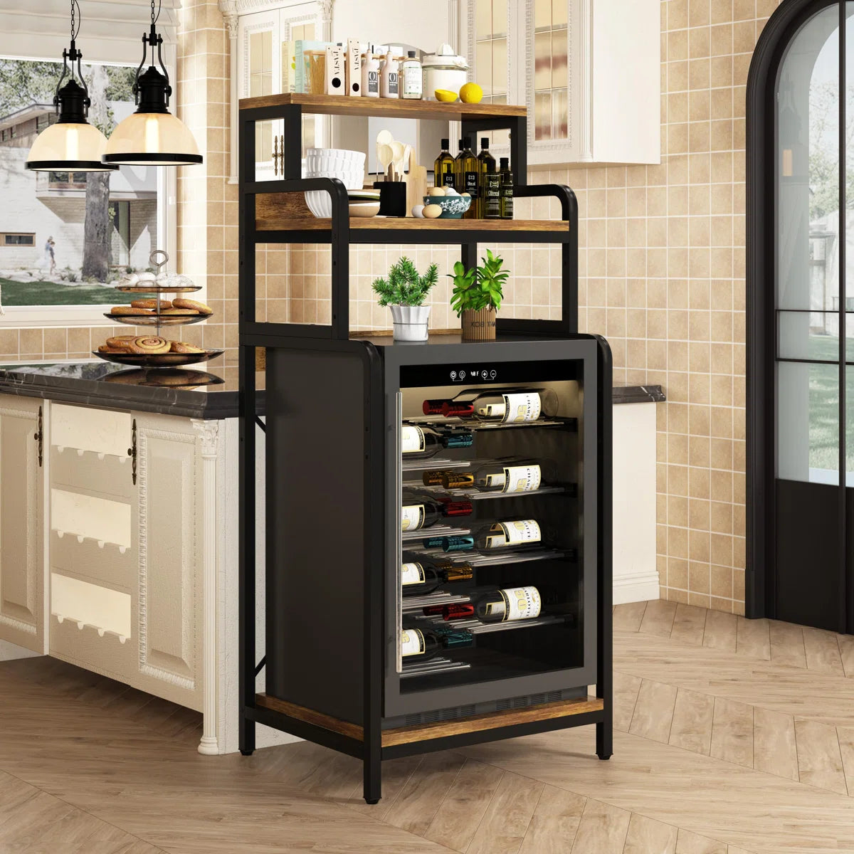Kitchen Racks: 4-tier rustic brown kitchen rack for microwave, mini fridge, spices, pots, and pans
