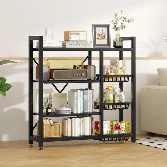 Kitchen Racks: 4-Tier Metal Storage Rack with Side Baskets and Bookshelves
