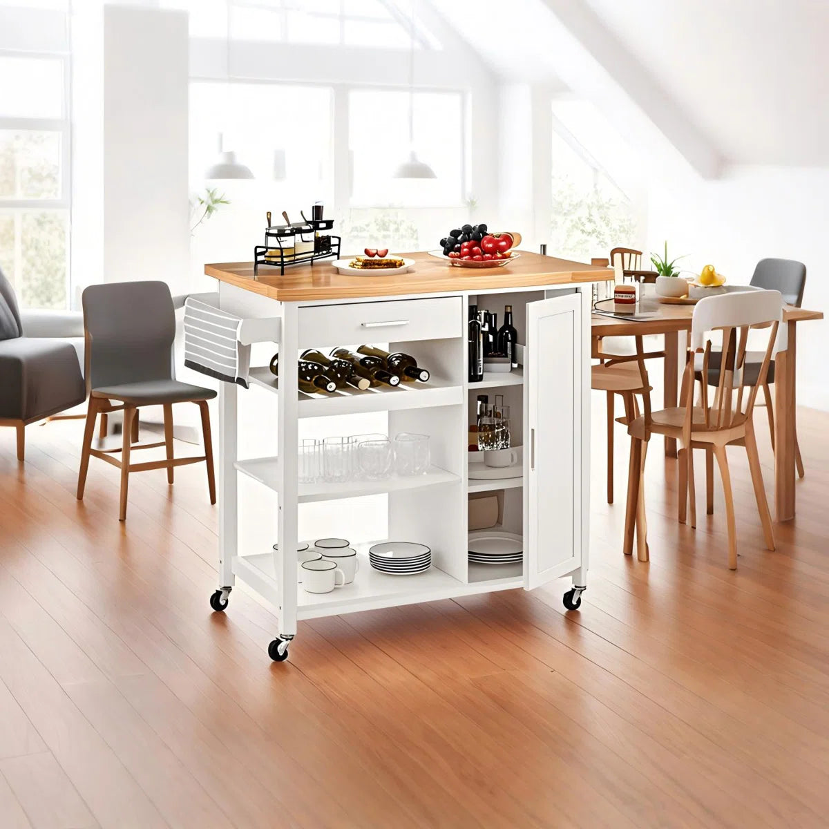 Kitchen Island Table with Drawer, Cabinet &amp; Open Shelves – 41” wide Rolling Cart
