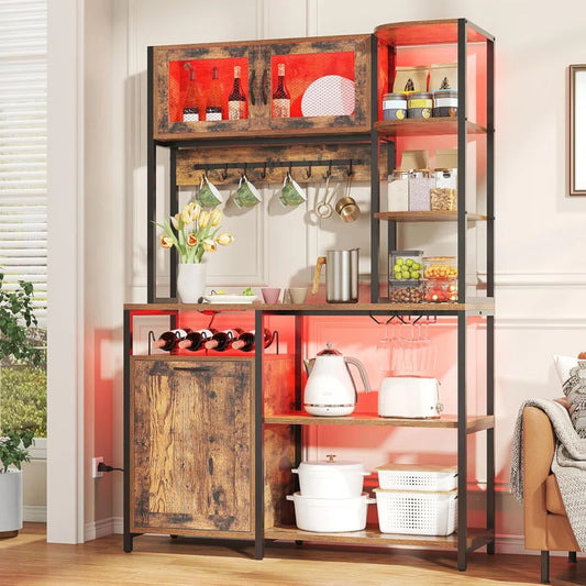 Kitchen Racks: 42.5" Bakers Racks for Kitchens with Storage, Farmhouse Microwave Stand with Wine Rack