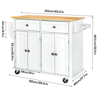 Kitchen Island Table: 43.3'' Wide Rolling Cart with Storage & Solid Wood Top