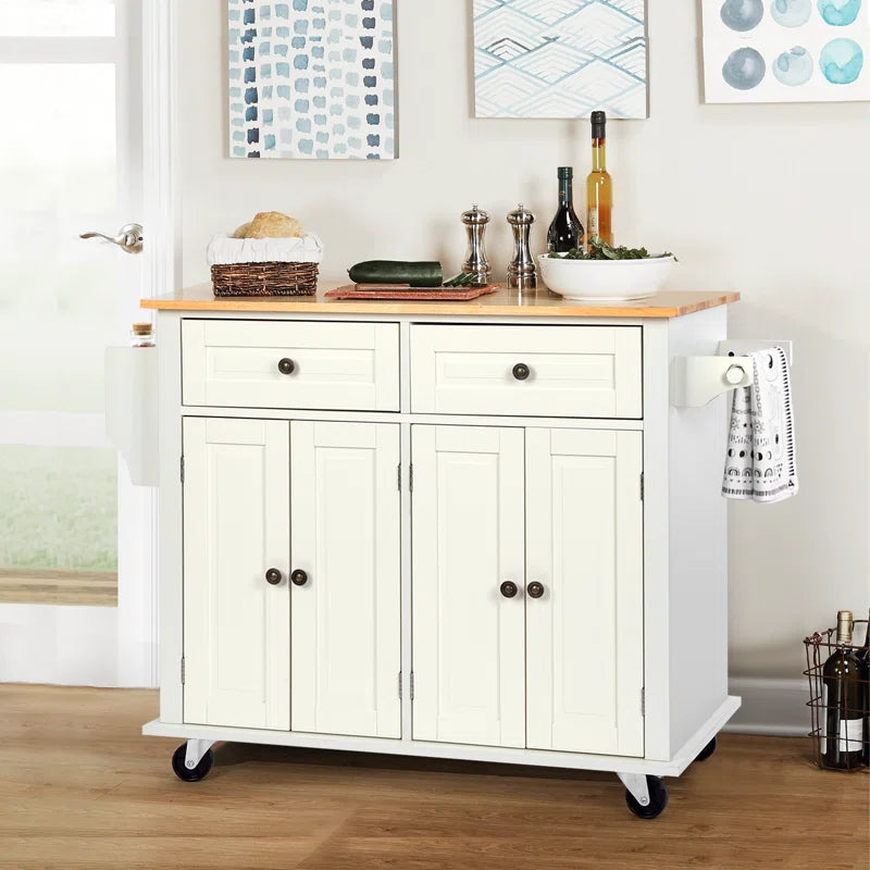 Kitchen Island Table: 43.3'' Wide Rolling Cart with Storage & Solid Wood Top