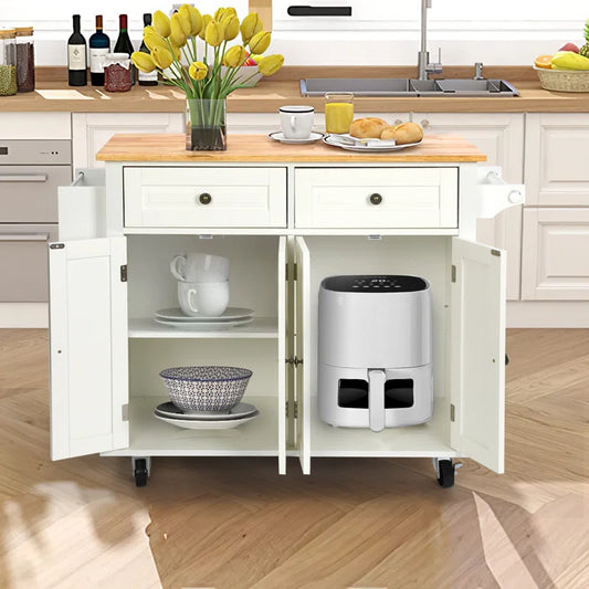 Kitchen Island Table: 43.3'' Wide Rolling Cart with Storage & Solid Wood Top
