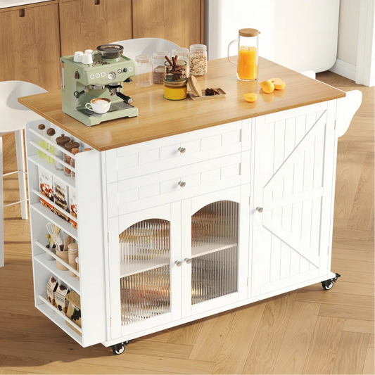 Kitchen Island Table: 43.3'' Drop Leaf Kitchen Cart with Cabinets & Spice Rack