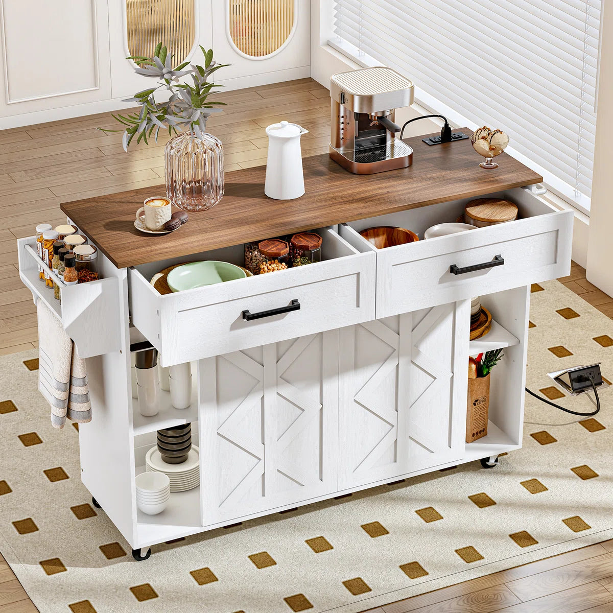 Kitchen Island Table: 47.2” Mobile Cart with Barn Doors, Drawers &amp; Built-in Power Outlet