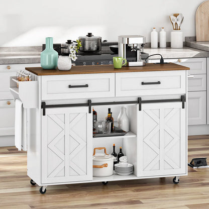 Kitchen Island Table: 47.2” Mobile Cart with Barn Doors, Drawers &amp; Built-in Power Outlet