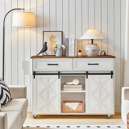 Kitchen Island Table: 47.2” Mobile Cart with Barn Doors, Drawers &amp; Built-in Power Outlet
