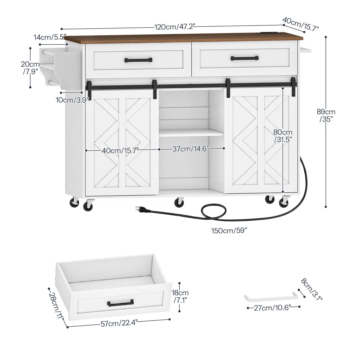 Kitchen Island Table: 47.2” Mobile Cart with Barn Doors, Drawers &amp; Built-in Power Outlet