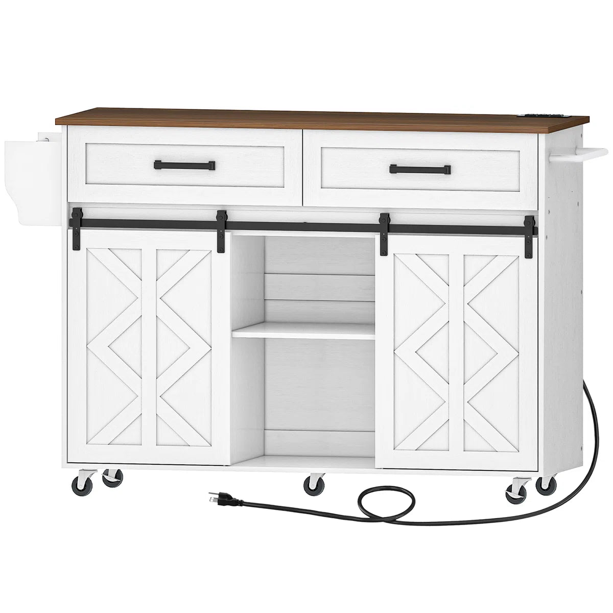 Kitchen Island Table: 47.2” Mobile Cart with Barn Doors, Drawers &amp; Built-in Power Outlet
