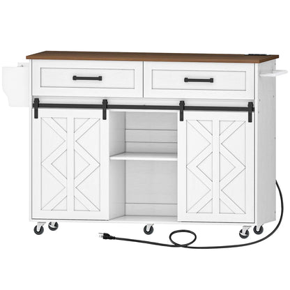 Kitchen Island Table: 47.2” Mobile Cart with Barn Doors, Drawers &amp; Built-in Power Outlet