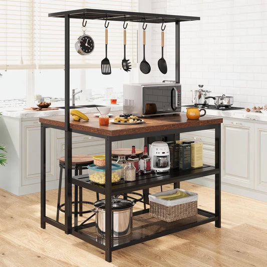 Kitchen Rack: 47'' Baker's rack with storage, 5 hooks, and Large Kitchen Island with Power Outlet