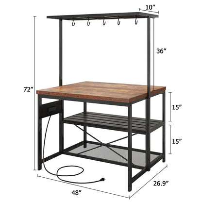 Kitchen Rack: 47'' Baker's rack with storage, 5 hooks, and Large Kitchen Island with Power Outlet