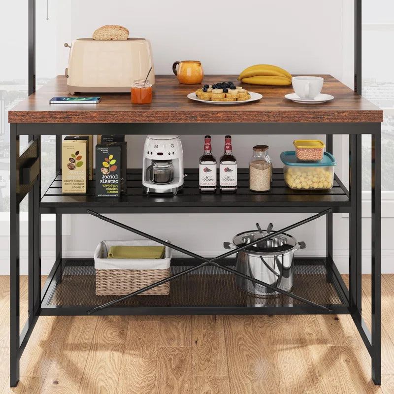 Kitchen Rack: 47'' Baker's rack with storage, 5 hooks, and Large Kitchen Island with Power Outlet