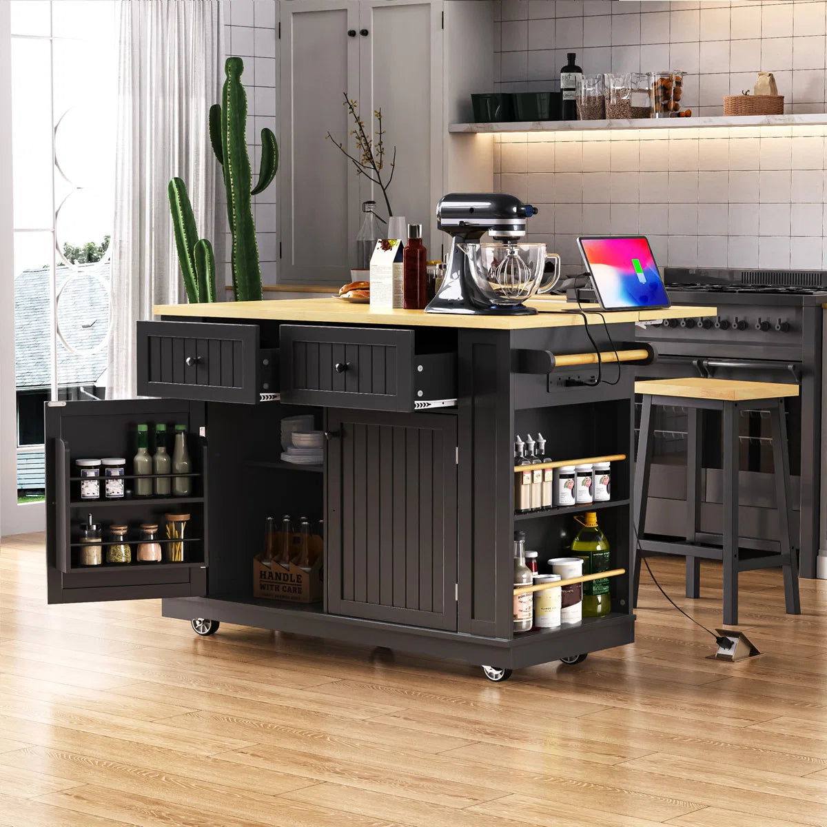 Kitchen Island Table Set with Drop Leaf, Power Outlet &amp; Storage – 48" Multi-Functional Unit