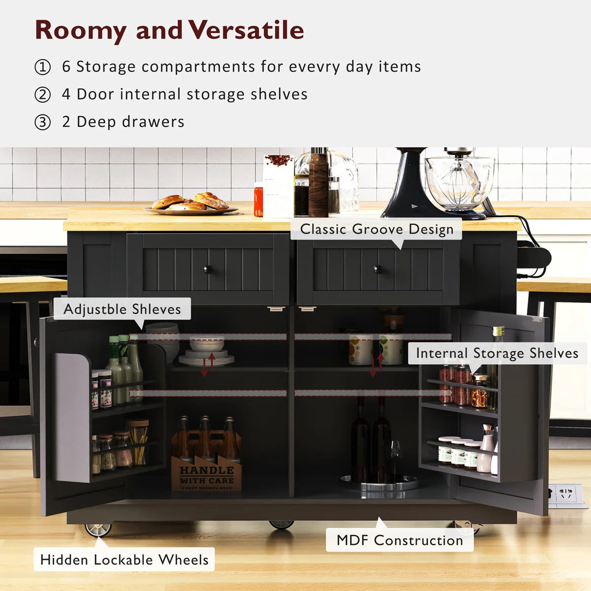 Kitchen Island Table Set with Drop Leaf, Power Outlet &amp; Storage – 48" Multi-Functional Unit