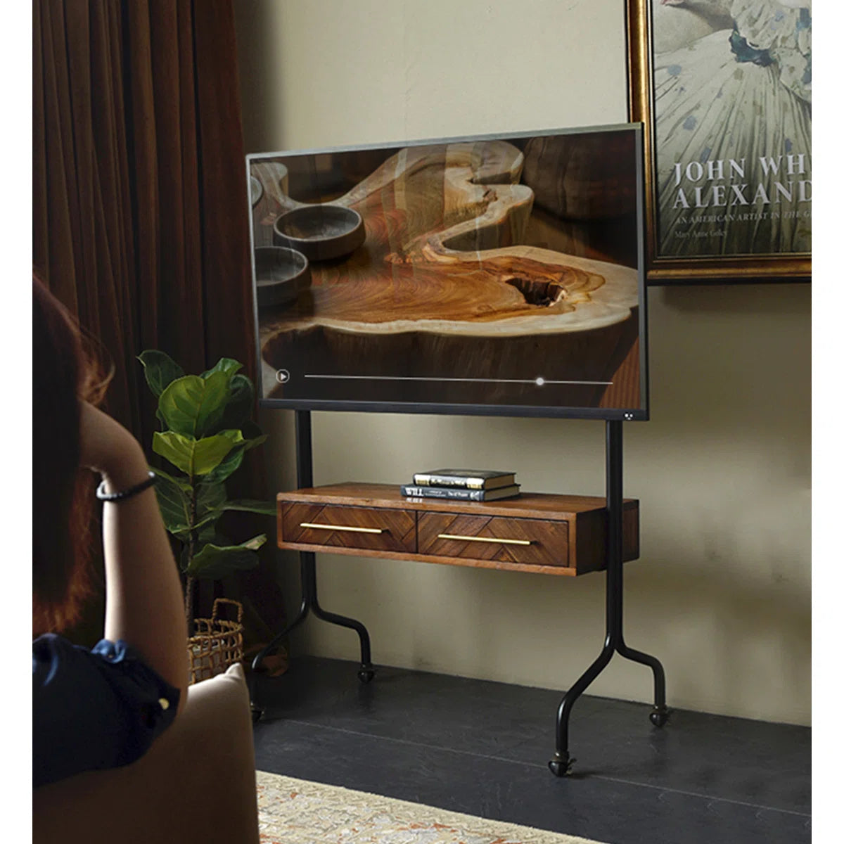 tv panel: 49.21" Black and Brown Solid Wood tv panel with Rectangular Frame