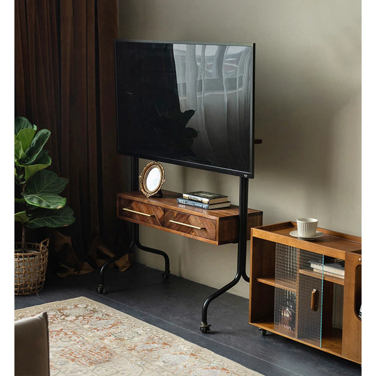 tv panel: 49.21" Black and Brown Solid Wood tv panel with Rectangular Frame