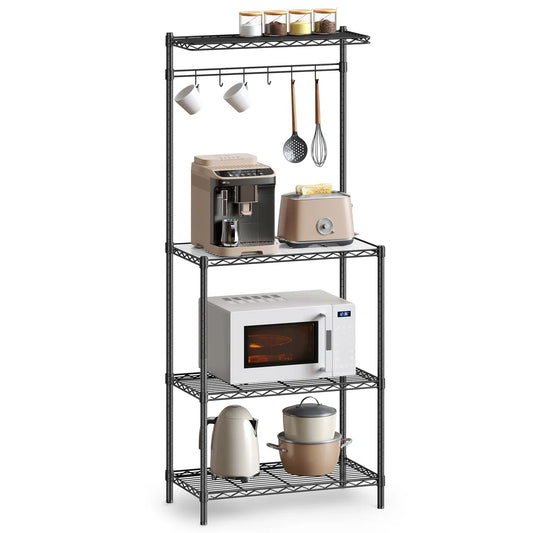 Kitchen Rack: 4 Shelves Kitchen Storage Rack, Adjustable Microwave Stand, and Baker’s Rack 6 Hooks