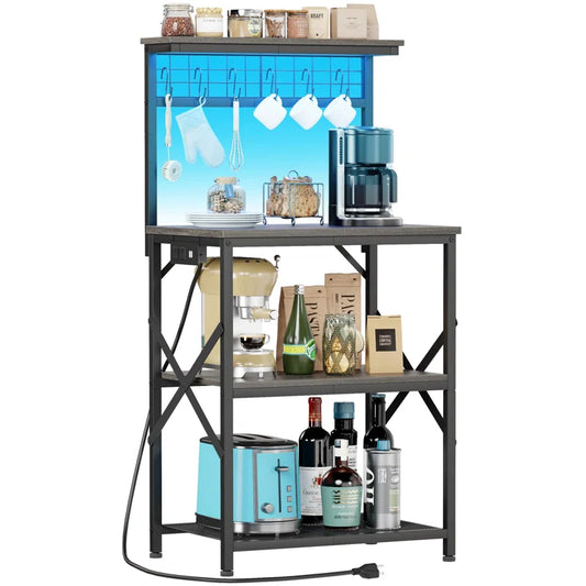 Kitchen Racks: 4 - Tier Bakers Rack Featuring Power Outlet & LED Light: Microwave Stand with 6 S Hooks for Kitchen Storage