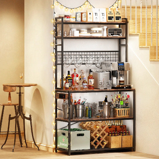 Kitchen Rack: 5-Tier Large Bakers Rack with Power Outlets, Coffee Bar Station Table, Microwave Oven Stand, and 10 S-Shaped Hooks in a Rustic Brown Baker