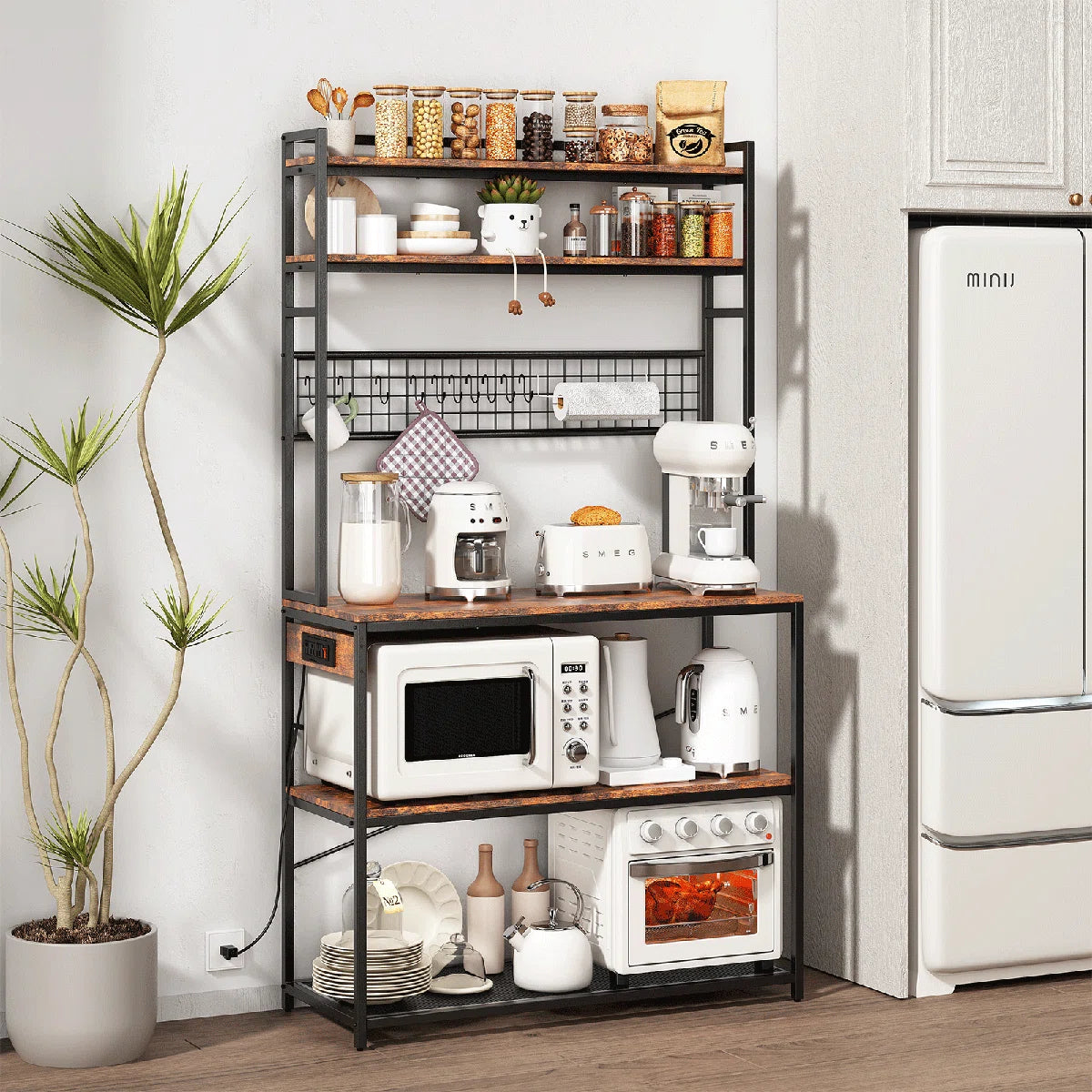 Kitchen Rack: 5-Tier Large Bakers Rack with Power Outlets, Coffee Bar Station Table, Microwave Oven Stand, and 10 S-Shaped Hooks in a Rustic Brown Baker