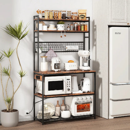 Kitchen Rack: 5-Tier Large Bakers Rack with Power Outlets, Coffee Bar Station Table, Microwave Oven Stand, and 10 S-Shaped Hooks in a Rustic Brown Baker