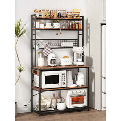 Kitchen Rack: 5-Tier Large Bakers Rack with Power Outlets, Coffee Bar Station Table, Microwave Oven Stand, and 10 S-Shaped Hooks in a Rustic Brown Baker
