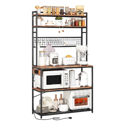 Kitchen Rack: 5-Tier Large Bakers Rack with Power Outlets, Coffee Bar Station Table, Microwave Oven Stand, and 10 S-Shaped Hooks in a Rustic Brown Baker