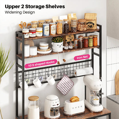 Kitchen Rack: 5-Tier Large Bakers Rack with Power Outlets, Coffee Bar Station Table, Microwave Oven Stand, and 10 S-Shaped Hooks in a Rustic Brown Baker